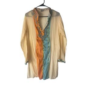 Occhi Blu Women's L/XL Sheer Beaded India Orange Blue‎ Celestial Gypsy Tunic Top